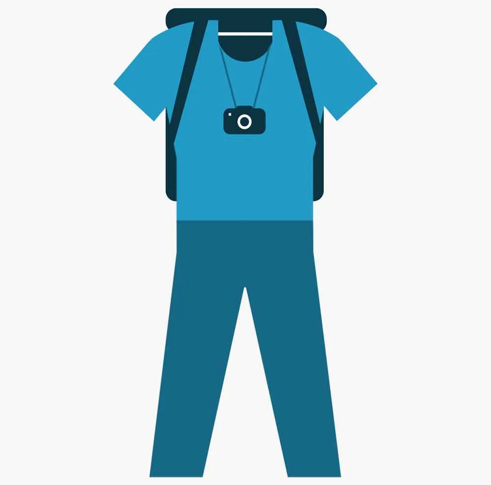 Outfit depicting travel gear - t-shirt, pants, backpack, and camera